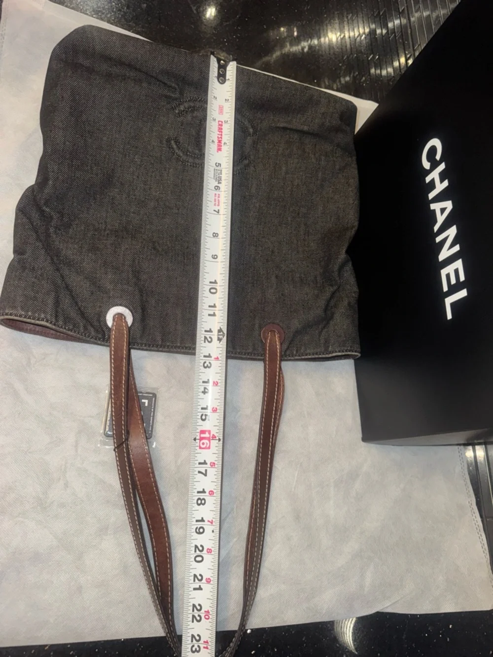 CHANEL Dark Gray Denim Tote with Brown Leather Straps - Picture 15 of 16